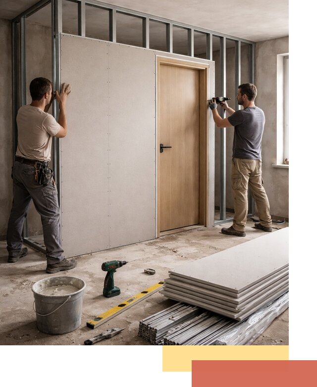 Перегородка из гипсокартона с дверью под ключ в Златоусте