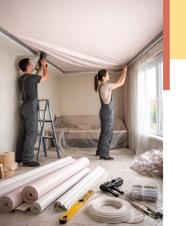 Монтаж цветного натяжного потолка в Златоусте от 4330 руб/м² — быстро и недорого | ОТДЕЛОЧНИК-Злт