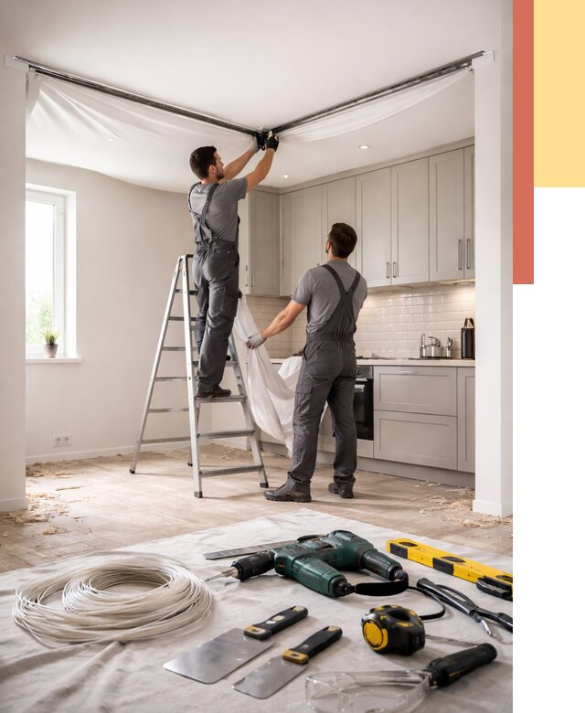 Установка натяжного потолка на кухне в Златоусте от 2474 руб. | ОТДЕЛОЧНИК-Злт