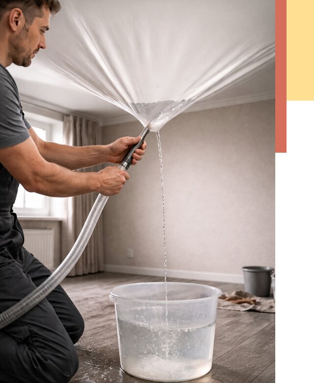 Слив воды с натяжного потолка в Златоусте от 2578 руб. быстро и недорого | ОТДЕЛОЧНИК-Злт