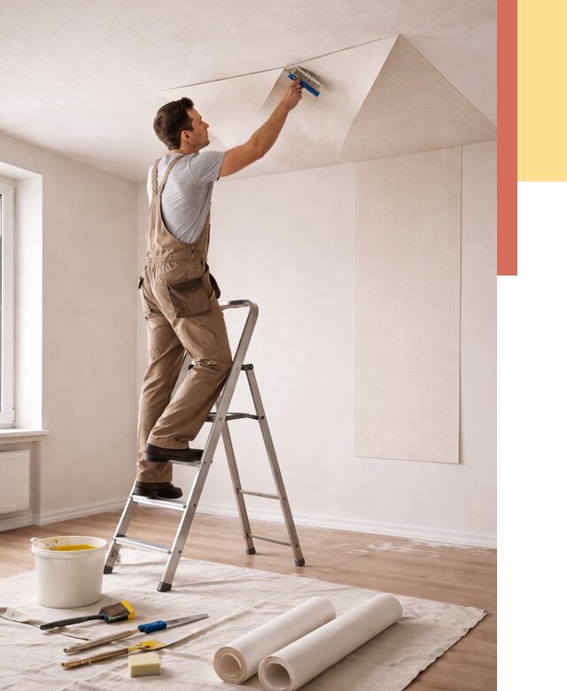 Поклейка обоев на потолок в Златоусте от 4640 руб. быстро и недорого | ОТДЕЛОЧНИК-Злт